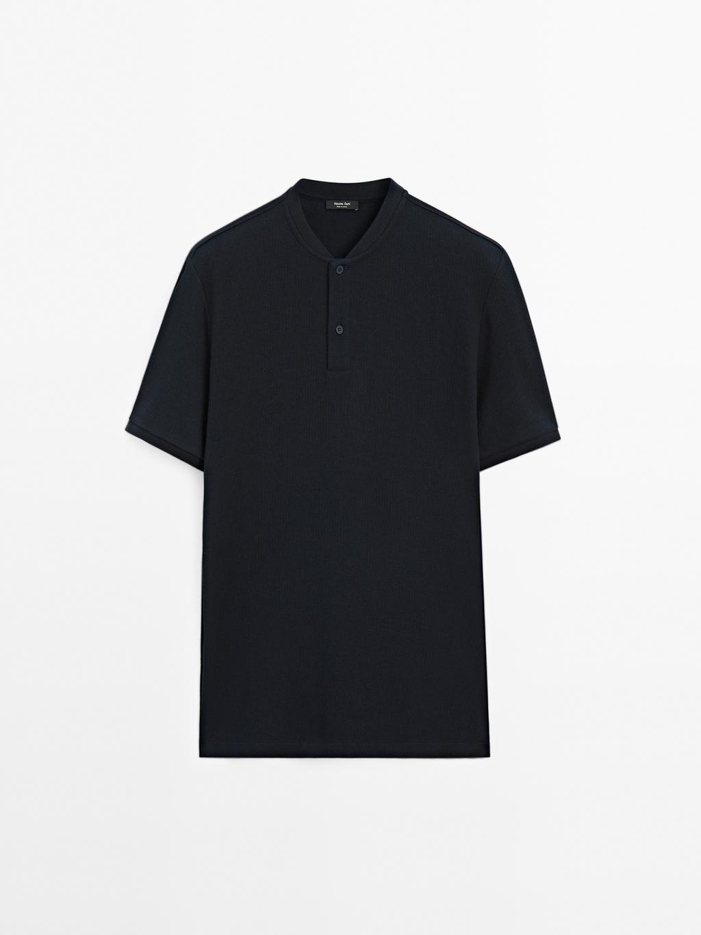 Ribbed polo shirt with stand collar