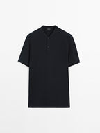 Ribbed polo shirt with stand collar