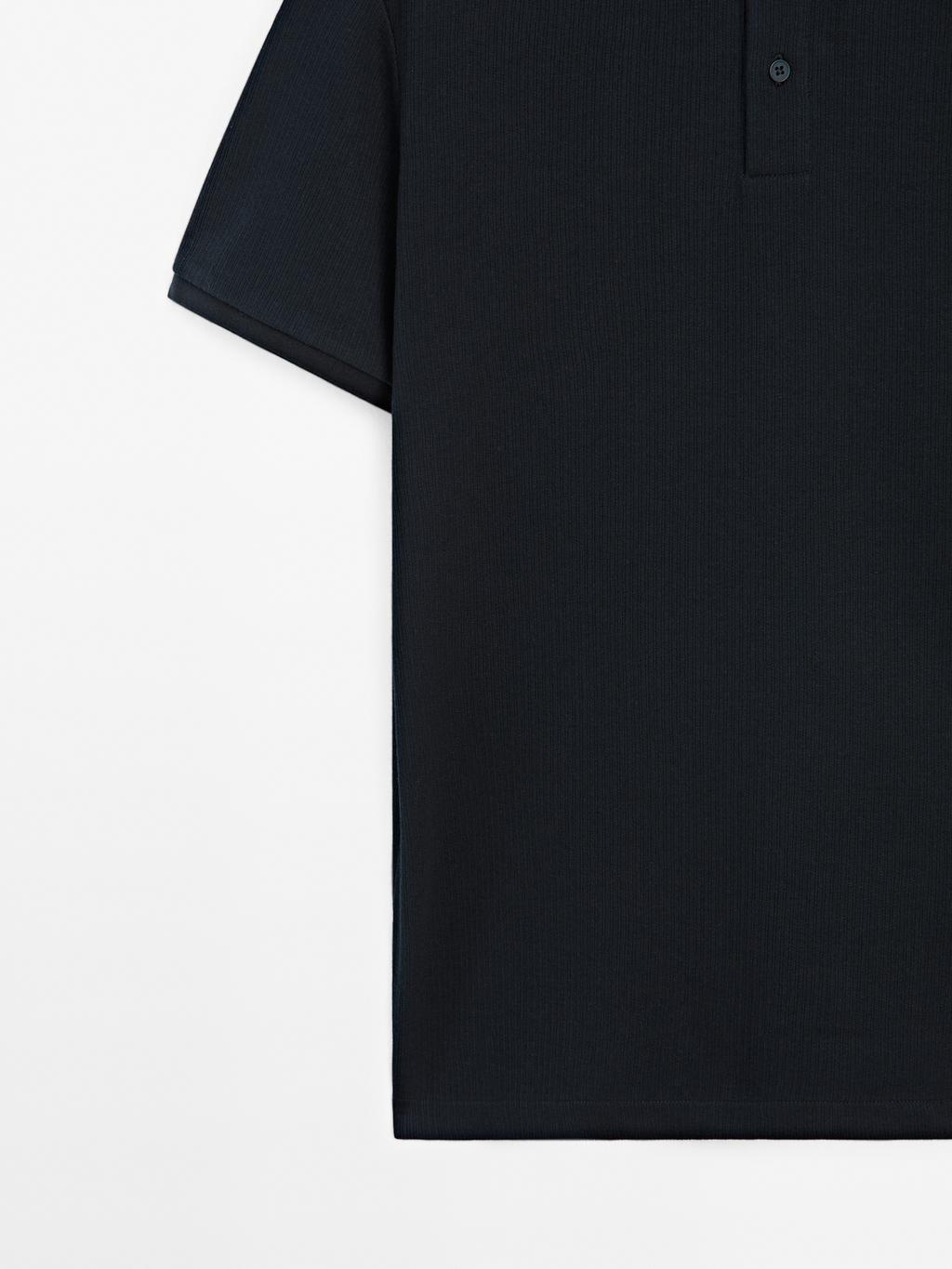 Ribbed polo shirt with stand collar