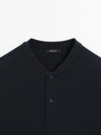 Ribbed polo shirt with stand collar