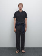 Ribbed polo shirt with stand collar