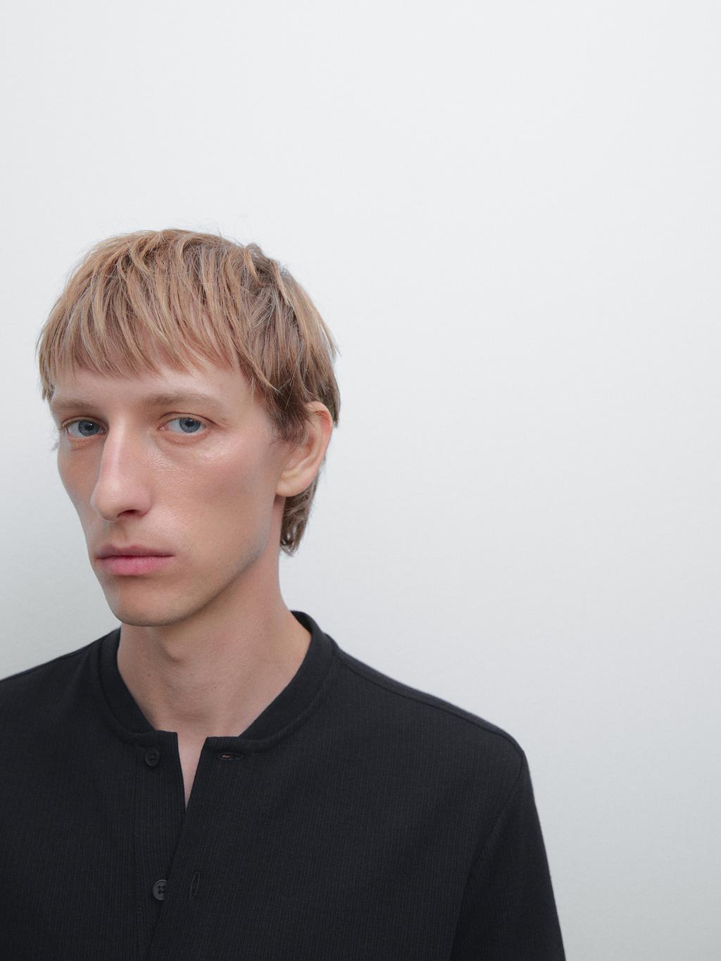 Ribbed polo shirt with stand collar