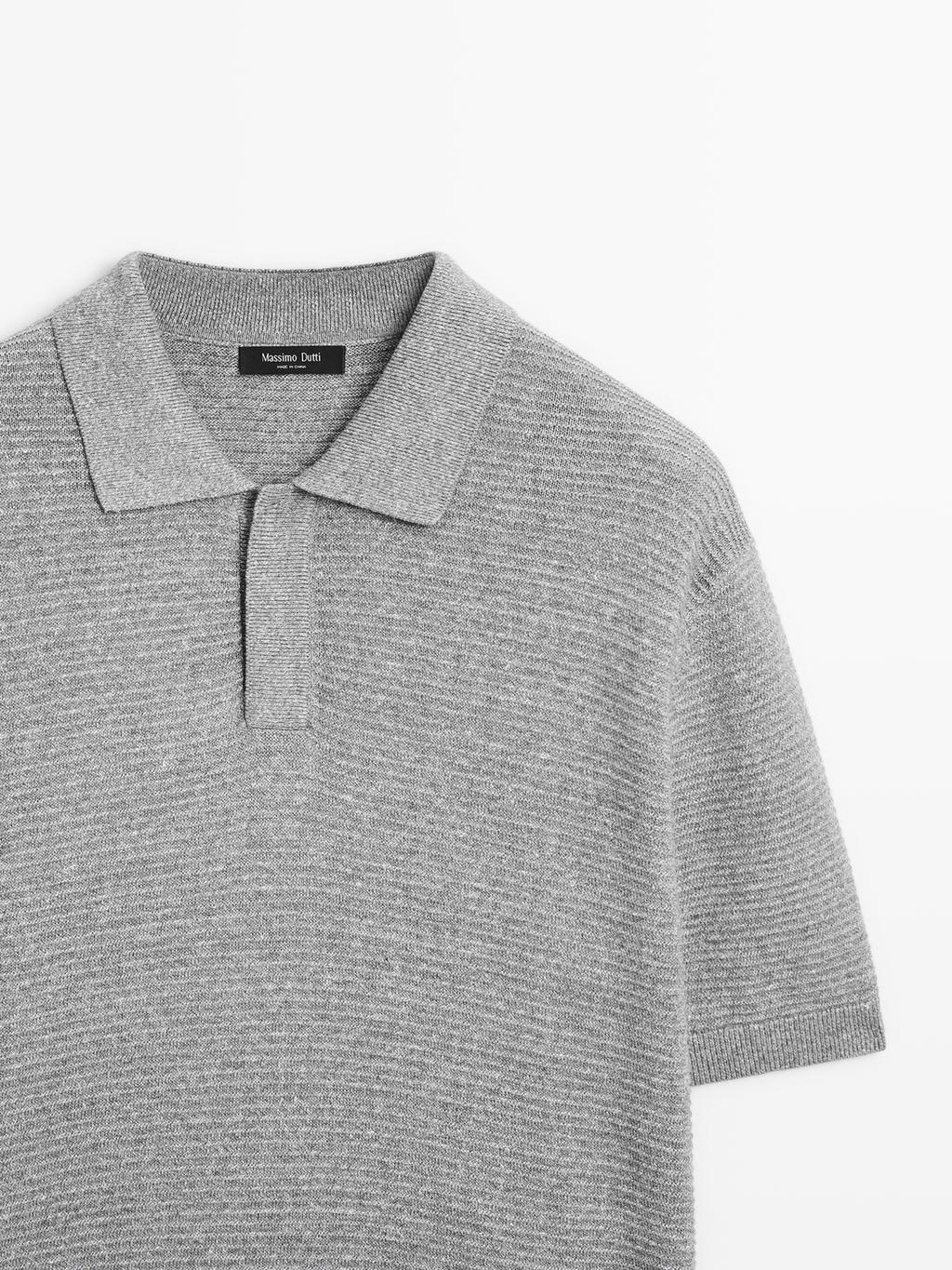 Linen and cotton blend knit polo shirt with short sleeves