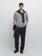 Linen and cotton blend knit polo shirt with short sleeves