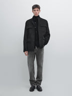 Double wool blend jacket with stand collar
