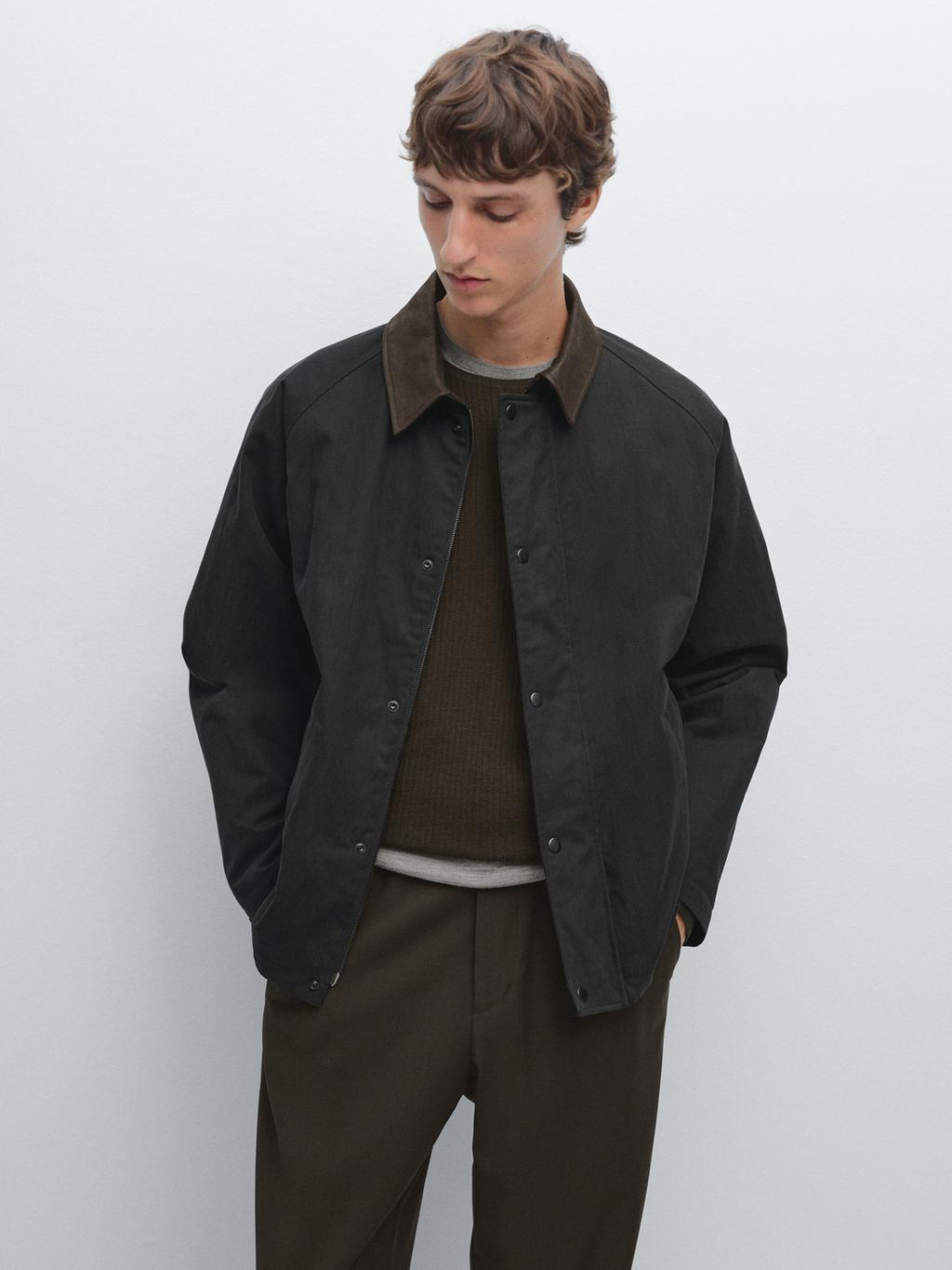 Jacket with leather collar detail