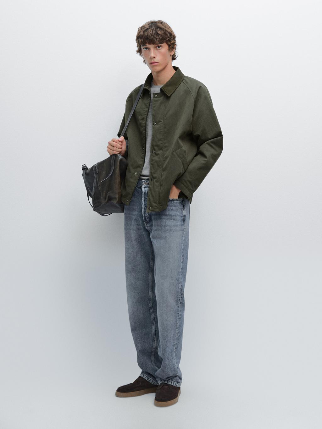 Jacket with leather collar detail