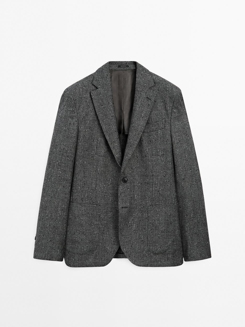 Textured check wool blend blazer