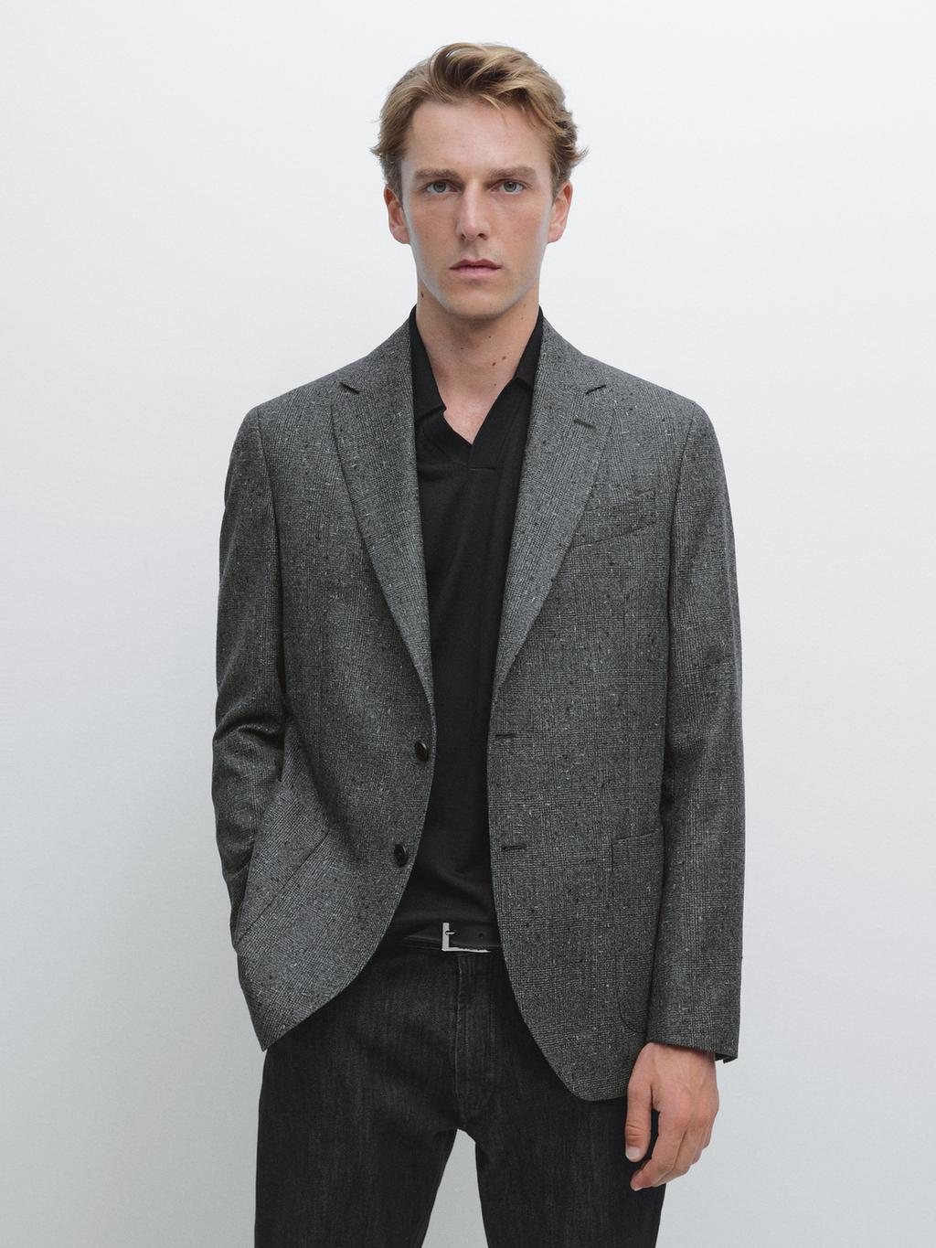 Textured check wool blend blazer