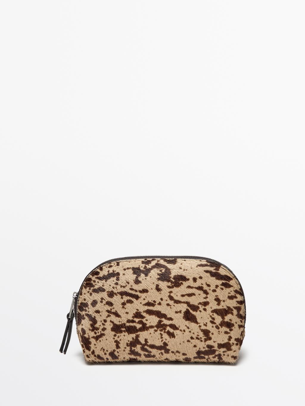 Hair on leather mini animal print toiletry bag
