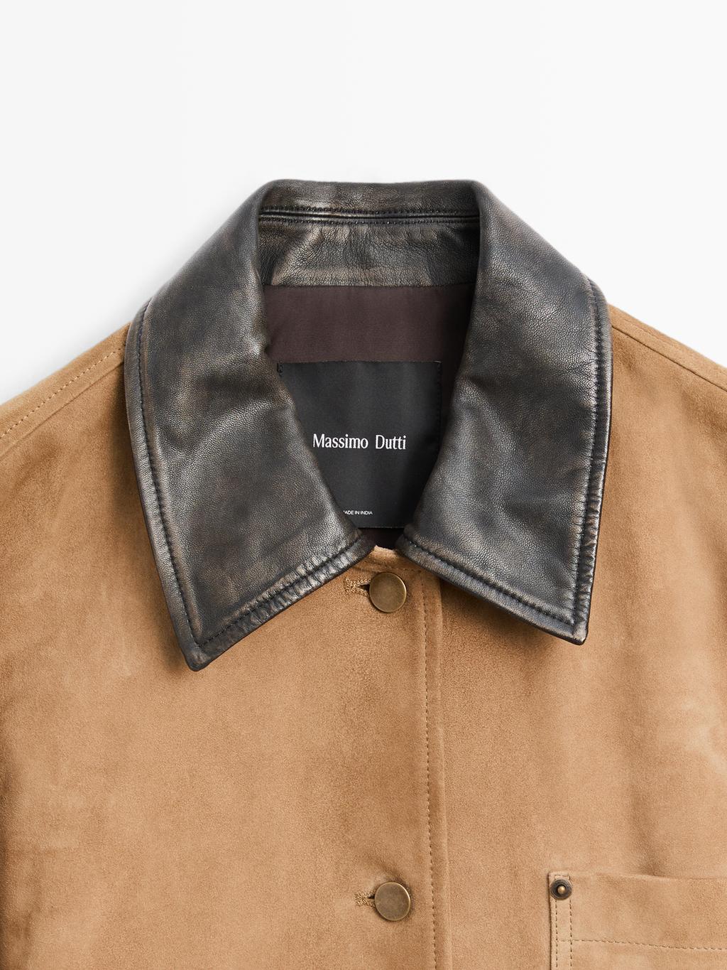 Suede leather jacket with collar detail