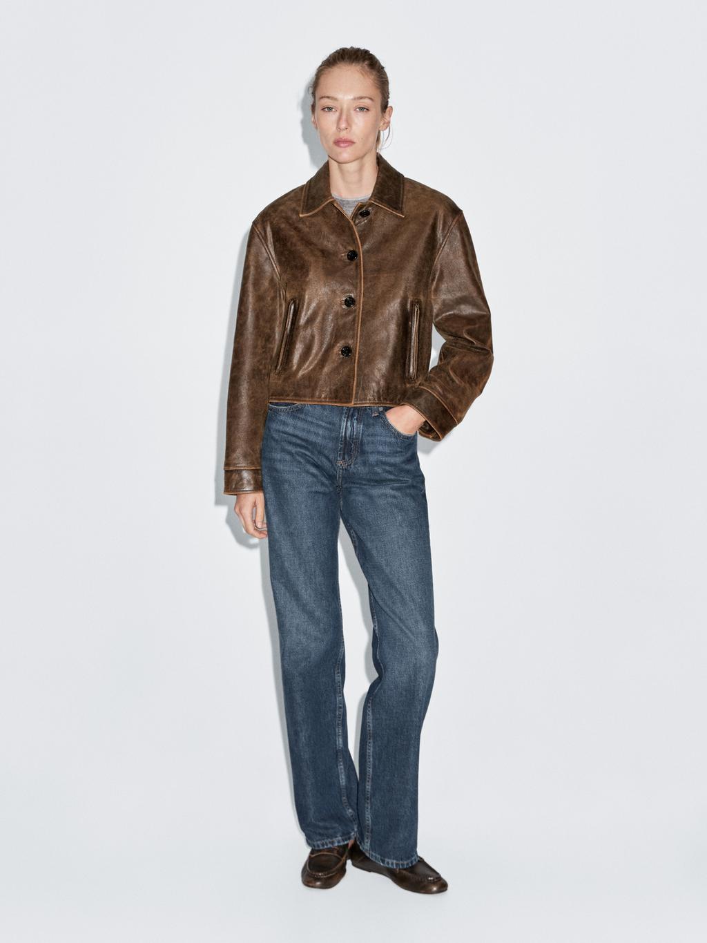 Distressed effect nappa leather cropped jacket