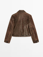 Distressed effect nappa leather cropped jacket
