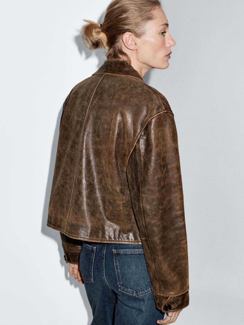 Distressed effect nappa leather cropped jacket