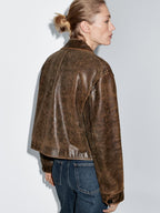 Distressed effect nappa leather cropped jacket