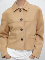 Short suede leather jacket with topstitching