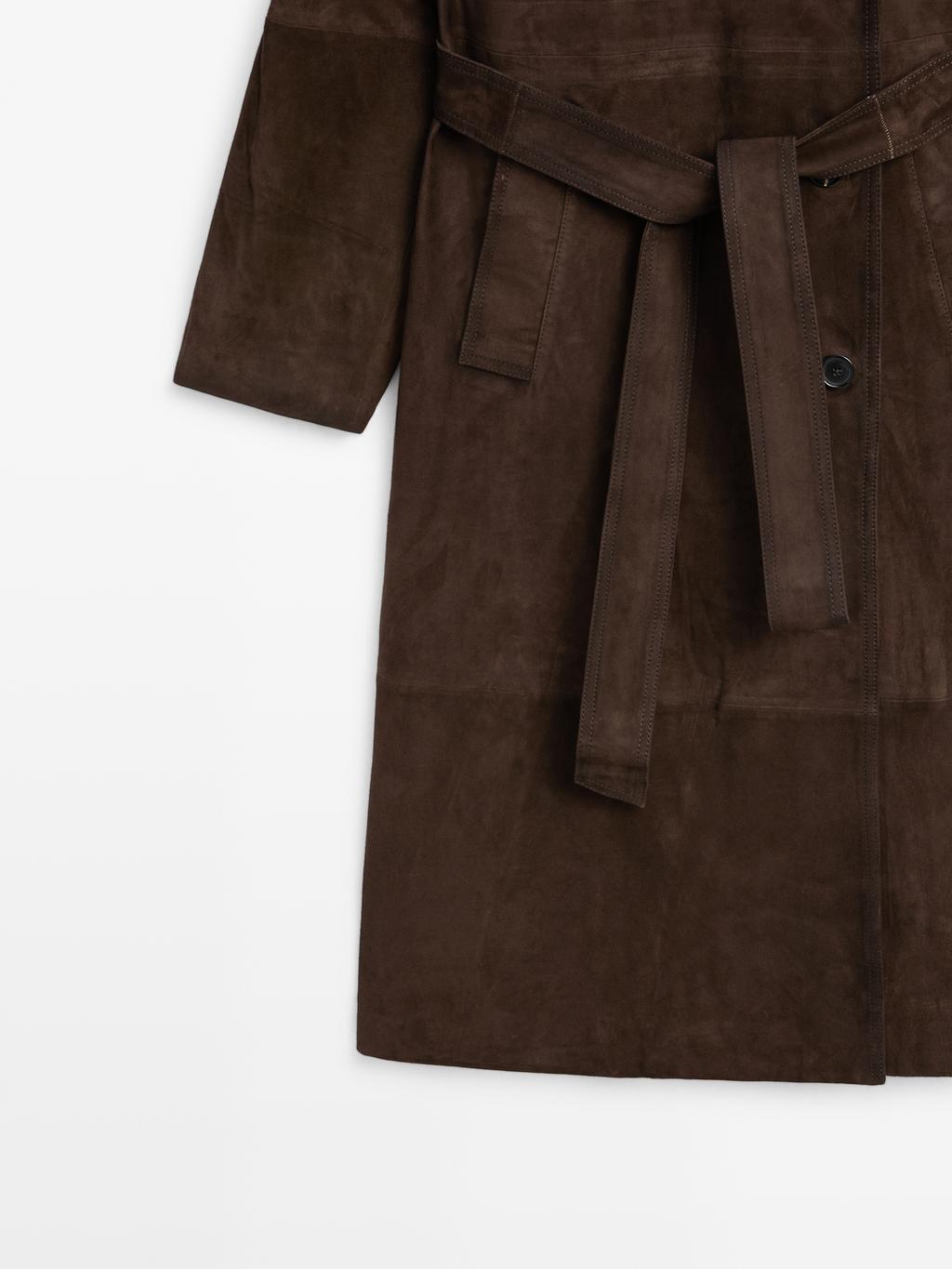 Long suede leather trench coat