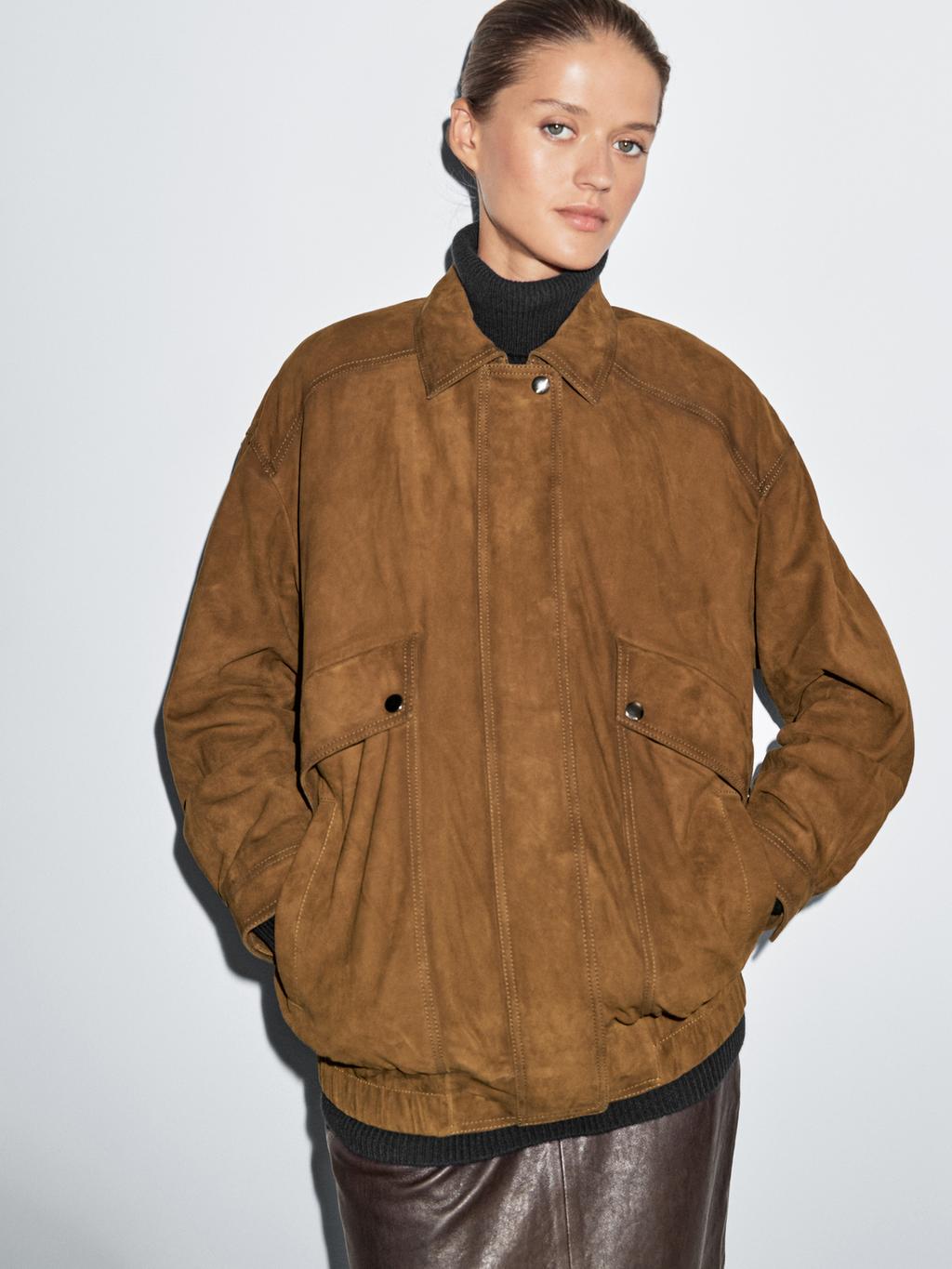 Suede leather bomber jacket with pockets