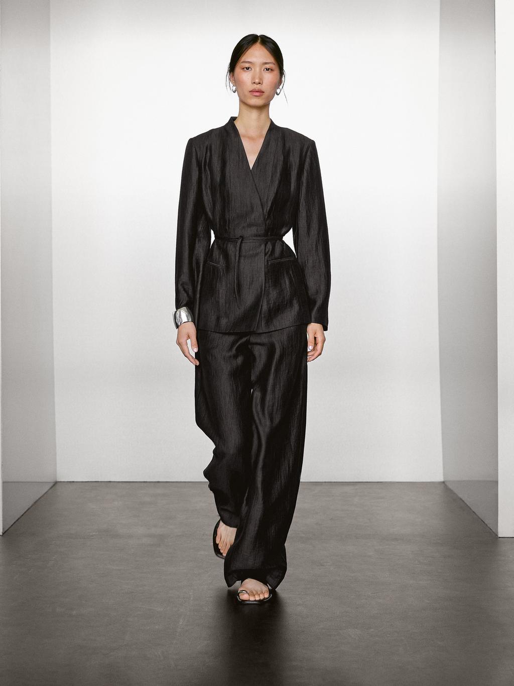 Linen blend palazzo trousers with darts