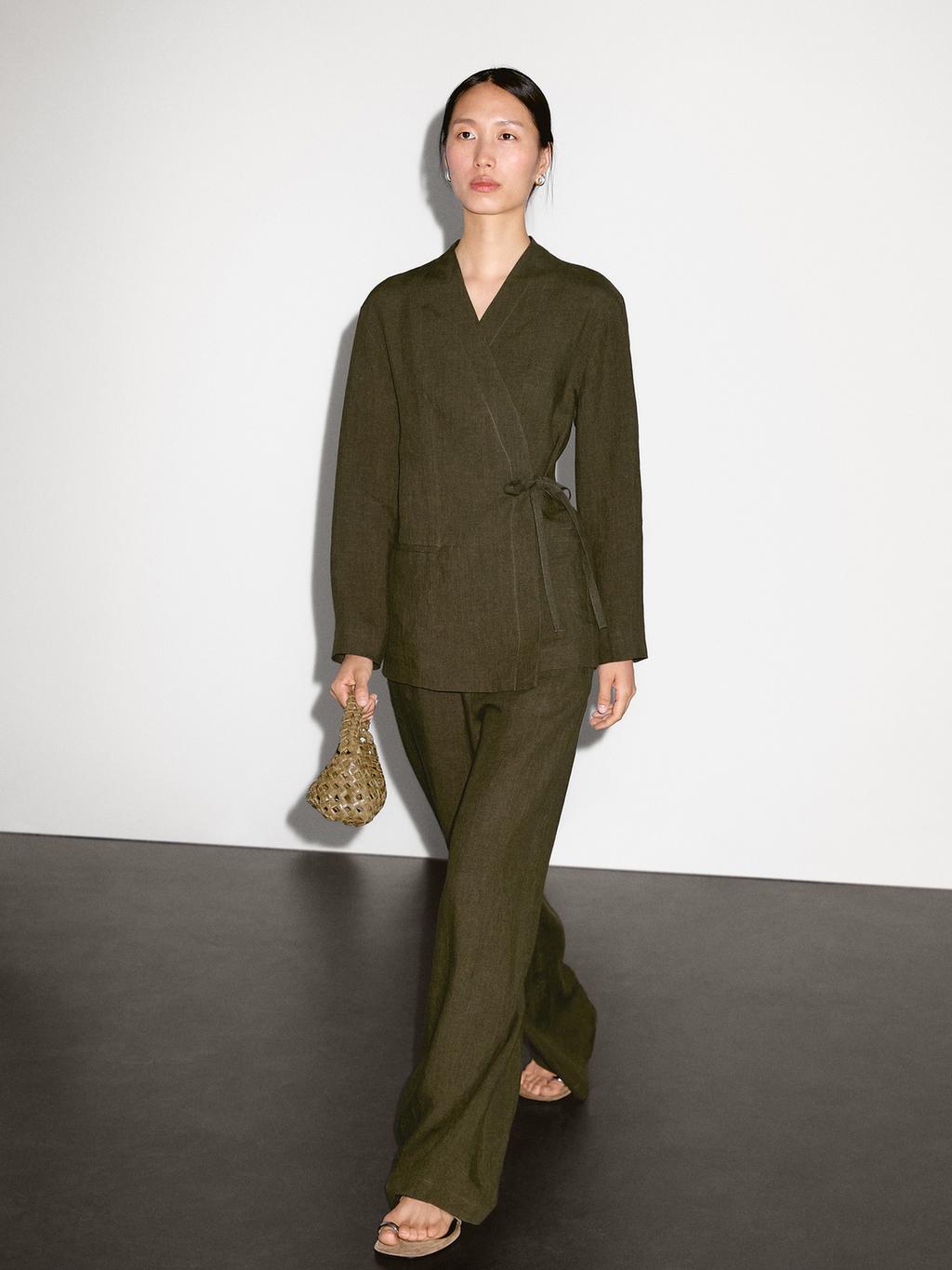 100% linen straight-leg trousers