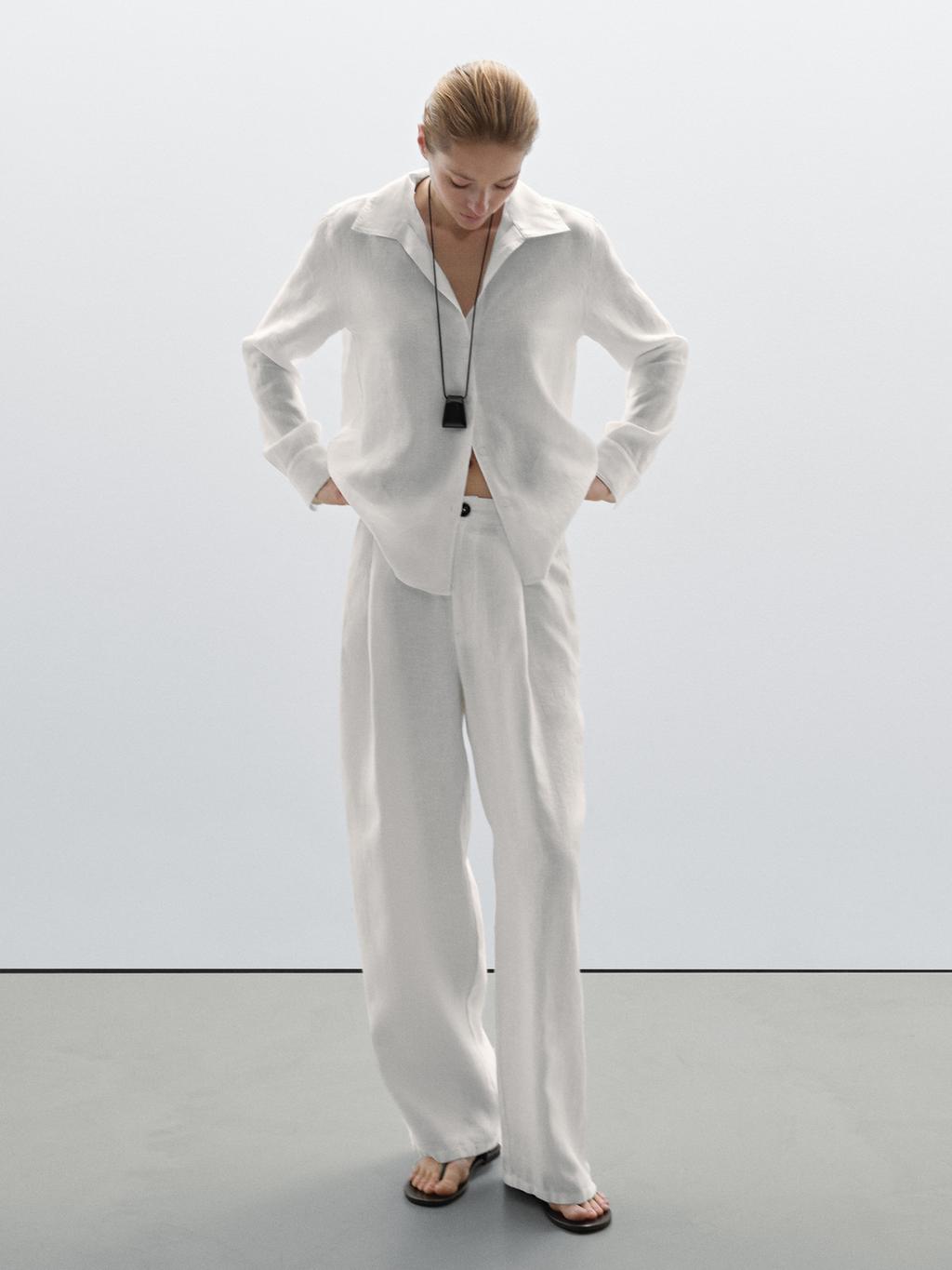 100% linen wide-leg mid-rise trousers