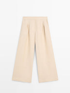 Linen blend darted wide-leg trousers