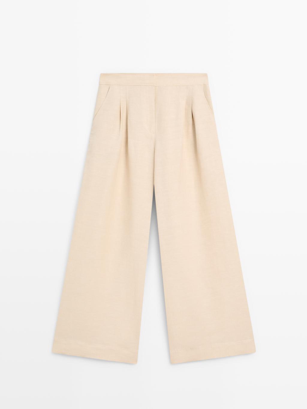 Linen blend darted wide-leg trousers