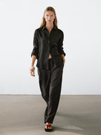 Flowing linen blend barrel fit trousers