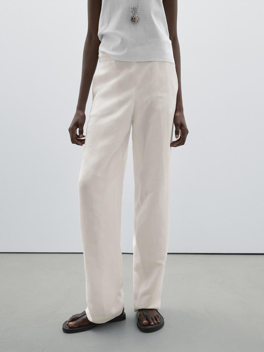 Straight fit flowing linen blend trousers