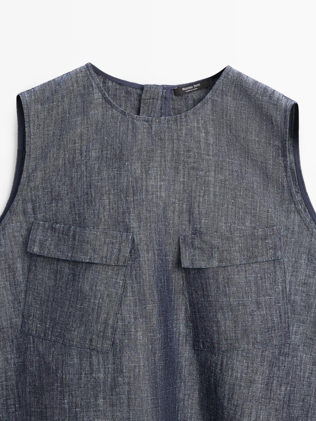 Cotton and linen denim blouse with pockets