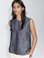 Cotton and linen denim blouse with pockets