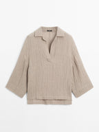 Flowing linen blend blouse with open neckline