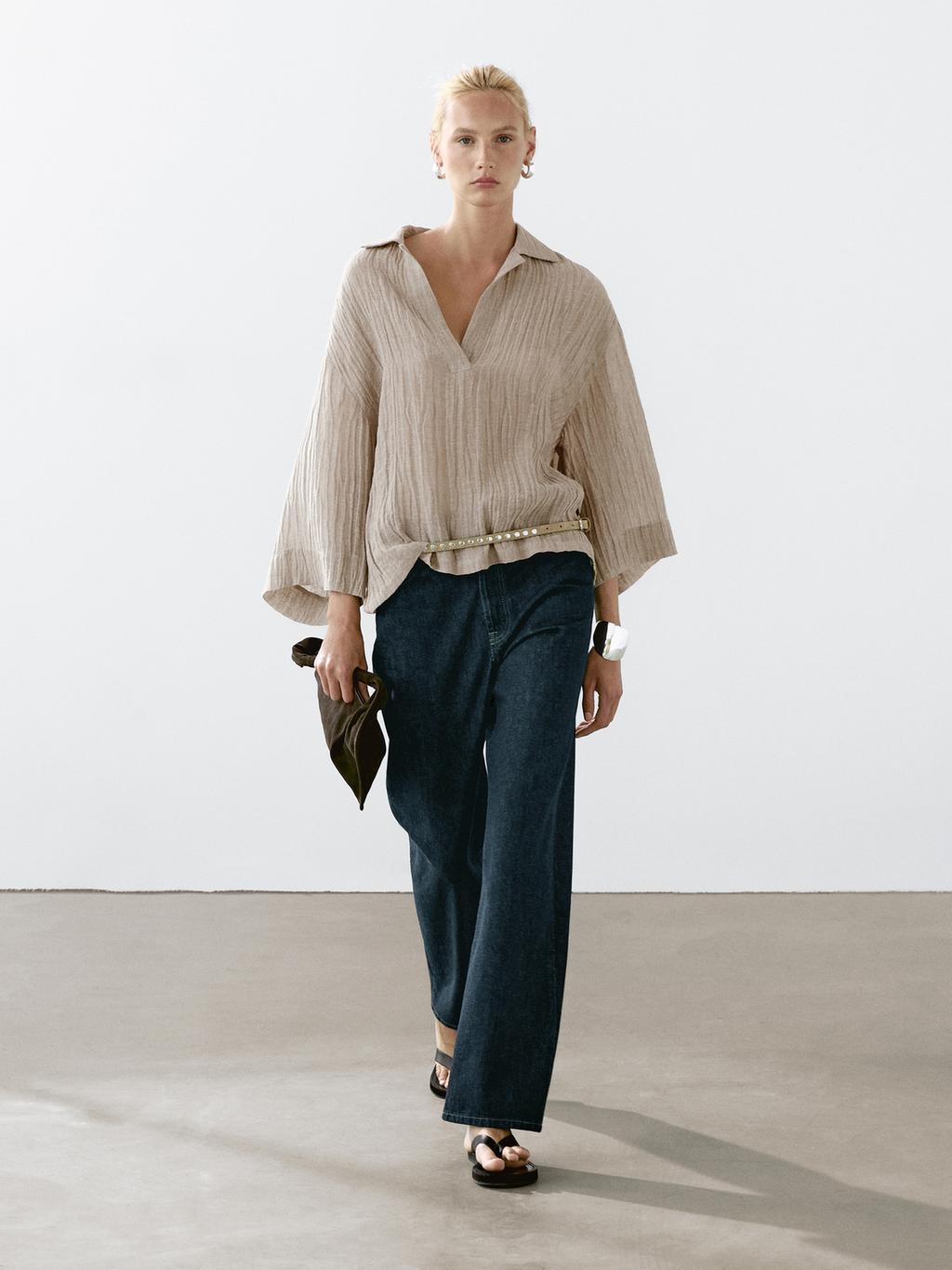 Flowing linen blend blouse with open neckline