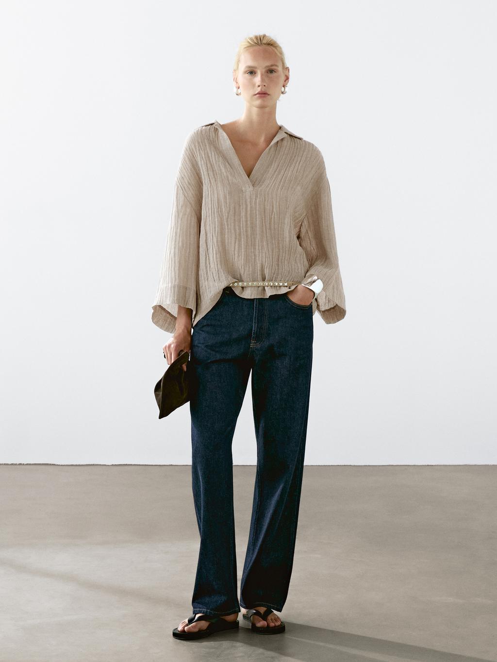 Flowing linen blend blouse with open neckline