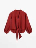 100% linen blouse with tie detail