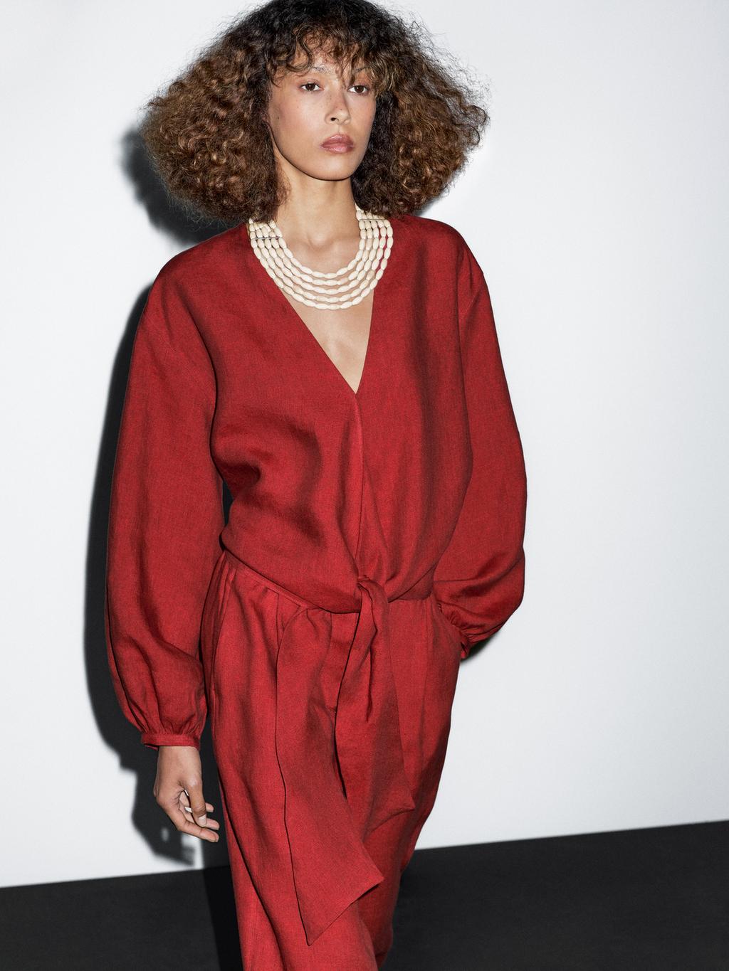 100% linen blouse with tie detail