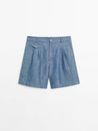 Cotton and linen Bermuda shorts with pocket detail