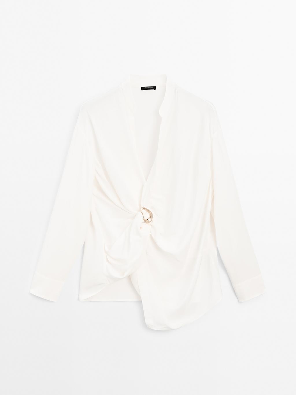 Blouse with knotted neckline and brooch detail