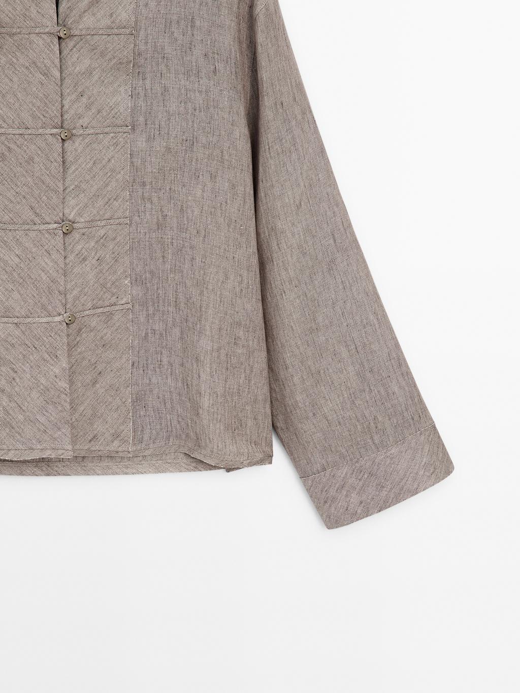 100% linen melange stand collar blouse