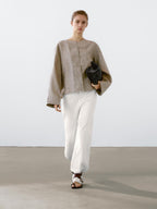 100% linen melange stand collar blouse