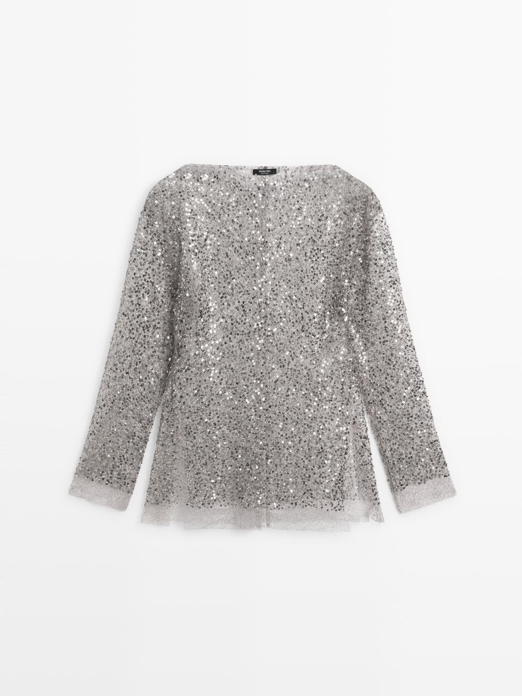 Sequinned blouse with cowl neck