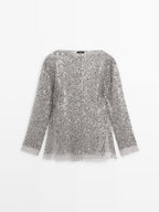Sequinned blouse with cowl neck