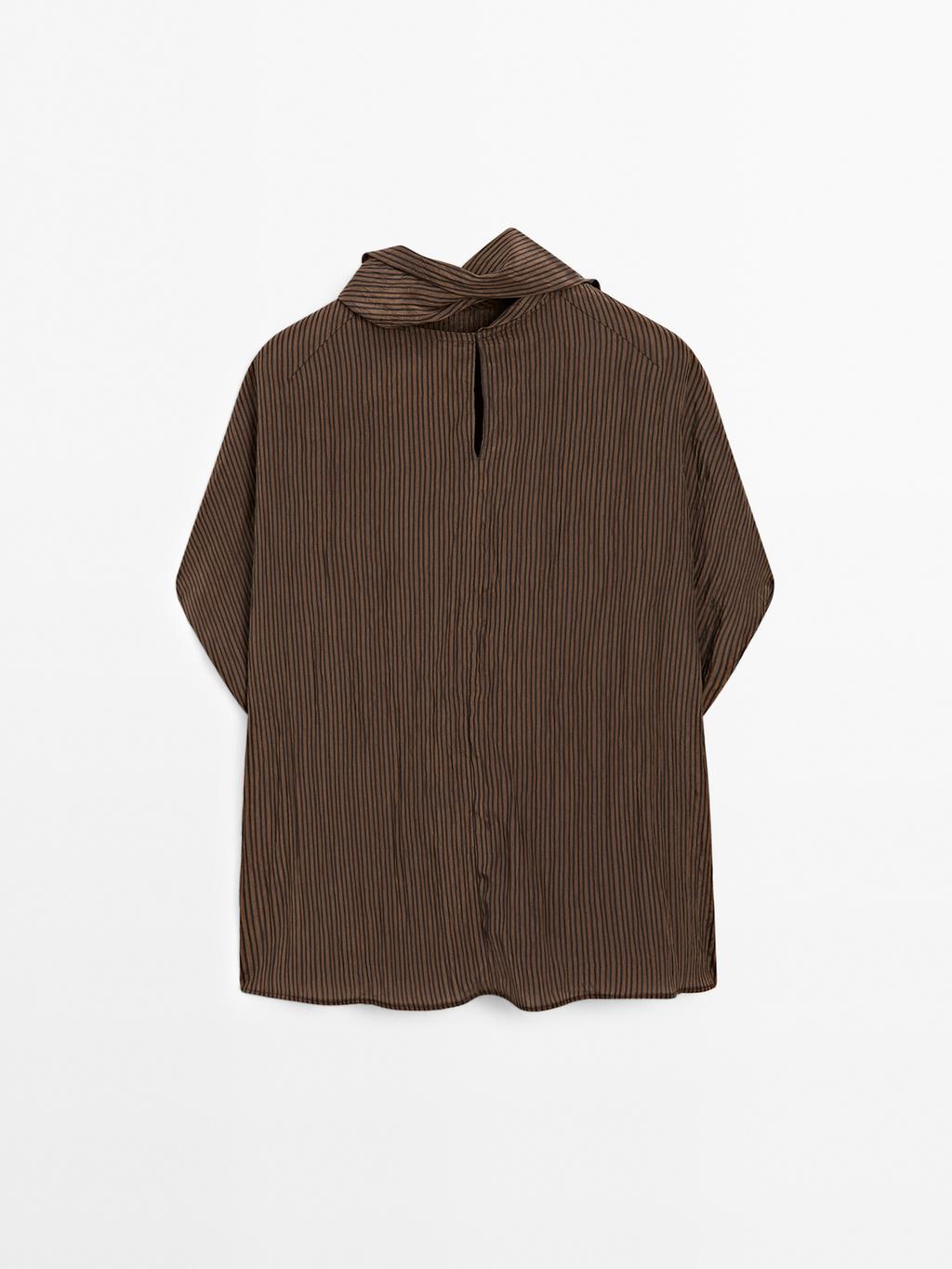 Pinstripe blouse with scarf collar