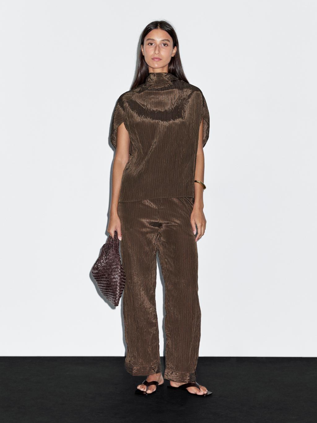 Pinstripe blouse with scarf collar