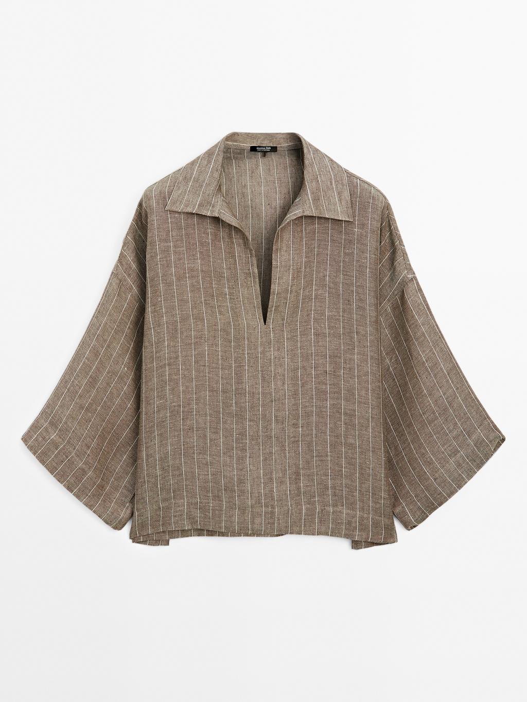 Striped linen open neck blouse