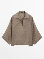 Striped linen open neck blouse