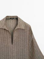 Striped linen open neck blouse