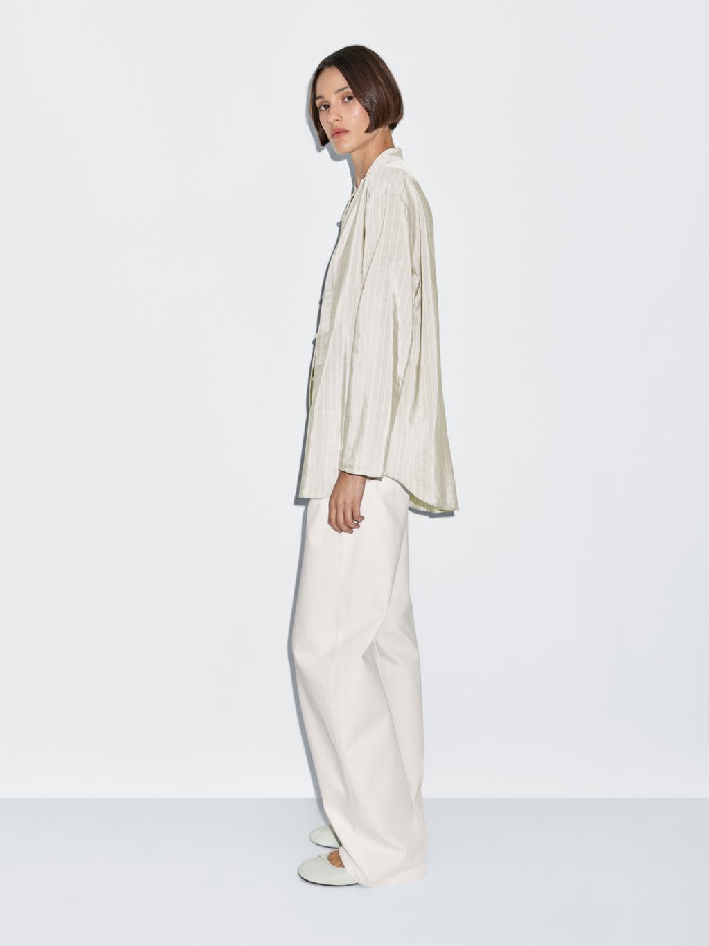 Striped oversize blouse with stand collar