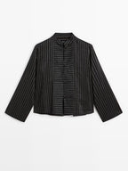 Striped shirt with stand collar and bib detail