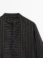 Striped shirt with stand collar and bib detail